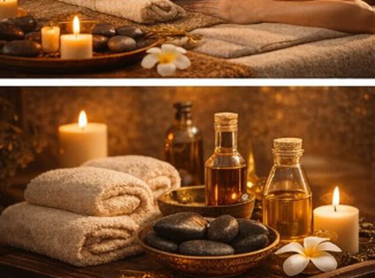 Huiles de spa, pierres et serviettes pliées